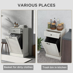 HOMCOM Kitchen Tilt Out Trash Bin Cabinet Free Standing Recycling Cabinet Trash Can Holder With Drawer, Light Gray