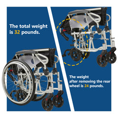 Aluminum alloy multi-function wheelchair. Unique 6 tire design. Quickly switch between self-use and companion mode. Color Foggy Silver