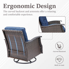 Outdoor Swivel Rocking Glider Chairs Set of 2, Outside All-Weather Gray Wicker Patio Rocker Chairs with Blue Cushions for Porch or Backyard
