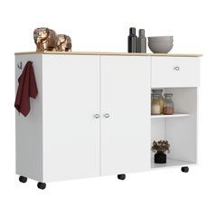 Kitchen Island Cart, Six Carter, One Drawer, Double Door Cabinet, Two External Shelves, Four Interior Shelves, White / Pine