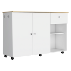 Kitchen Island Cart, Six Carter, One Drawer, Double Door Cabinet, Two External Shelves, Four Interior Shelves, White / Pine