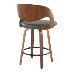 Pino 26" Mid-Century Modern Fixed-Height Barstool with Swivel in Walnut Wood and Grey Faux Leather with Round Black Metal Footrest by LumiSource - Set of 2
