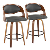Pino 26" Mid-Century Modern Fixed-Height Barstool with Swivel in Walnut Wood and Grey Faux Leather with Round Black Metal Footrest by LumiSource - Set of 2