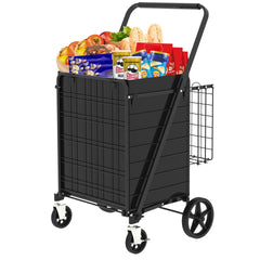 Large Shopping Cart with Brake,Grocery Cart on Wheels, Foldable Utility Shopping Carts with Double Basket and 360° Rolling Swivel Wheels for Groceries Laundry