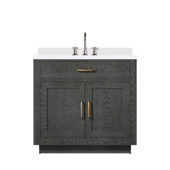 Black Oak Single Bath Vanity 36 in. W x 22 in. D, White Quartz Top, and Faucet Set