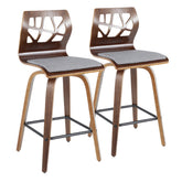 Folia 26" Mid-Century Modern Fixed Height Counter Stool with Swivel in Walnut Wood, Light Grey Fabric and Black Metal Footrest by LumiSource - Set of 2