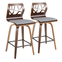 Folia 26" Mid-Century Modern Fixed Height Counter Stool with Swivel in Walnut Wood, Light Grey Fabric and Black Metal Footrest by LumiSource - Set of 2
