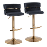 Cinch Glam/Art Deco Adjustable Barstool with Swivel in Gold Metal and Black Velvet with Rounded T Footrest by LumiSource - Set of 2