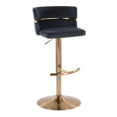 Cinch Glam/Art Deco Adjustable Barstool with Swivel in Gold Metal and Black Velvet with Rounded T Footrest by LumiSource - Set of 2