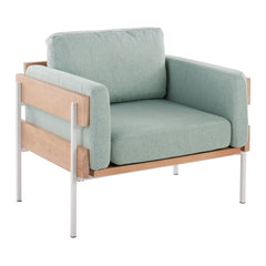 Kari Farmhouse Accent Chair in White Metal, Natural Wood, and Light Green Fabric by LumiSource