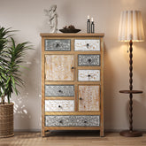 Vintage Tall Wooden Accent Cabinet with 6 Drawers & 2 Doors, Rustic Multicolor Carved Storage Chest for Living Room, Bedroom, Bathroom, Farmhouse Style Decor (27.76" L x 14.37" W x 47.44" H)