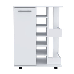 Bar Cart, Two External Shelves, Four Casters, Six Built-in Wine Rack, Single Door Cabinet -White