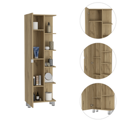 Urano Mirror Linen Cabinet, Four Interior Shelves, Five External Shelves -Light Oak
