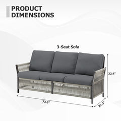 73.6" Outdoor Patio Sofa, 3-Seat Rattan Couch with Gray Cushions Ideal for Balcony or Porch