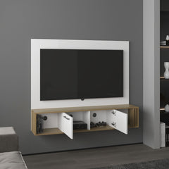 Vance 56" Wide Floating Entertainment Center with Two Cabinets , Four Shelves, Cable Management Narual Oak - White