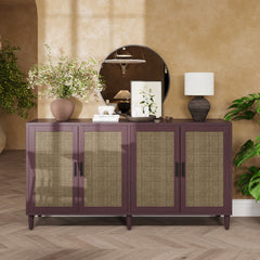70" Rattan Buffet Cabinet with Storage, 4-Door Sideboard Buffet Cabinet with Adjustable Shelves for Kitchen, Living Room and Dining Room, Easy Assembly,Brown