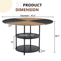 47.3-inch diameter modern splicing circular dining table - double-layer storage, wood and black fan-shaped diagonal color matching design, interpreting home aesthetics and practicality.