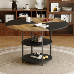 47.3-inch diameter modern splicing circular dining table - double-layer storage, wood and black fan-shaped diagonal color matching design, interpreting home aesthetics and practicality.