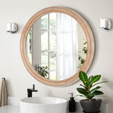 Round Wood Framed Wall Mirror with Ribbed Detail, 23.62" Natural Wooden Circle Mirror for Bathroom, Bedroom, Entryway, Coastal & Farmhouse Style Decorative Mirror