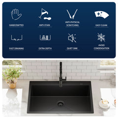33 inch Drop-in Single Bowl Kitchen Sink, 18 Gauge Black Stainless Steel Kitchen Sink, Handmade Topmount Sink with Black Pull Out Spring Neck Faucet