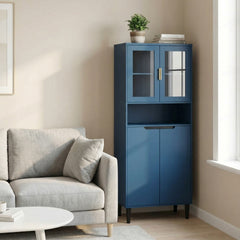Tempered Glass Door Tall Storage Bookcase with adjustable board, 4 doors MDF painting finished cabinet, Navy Blue, Living room Bedroom storage