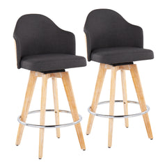 Ahoy Contemporary Fixed-Height Counter Stool with Natural Bamboo Legs and Round Chrome Metal Footrest with Charcoal Fabric Seat and Natural Bamboo Back by LumiSource - Set of 2