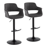 Vintage Flair Mid-Century Modern Adjustable Barstool with Swivel in Black Metal and Charcoal Fabric with Rounded "T" Footrest by LumiSource - Set of 2