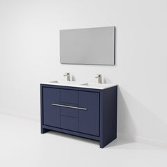 Navy Blue Double Bath Vanity 48 in. W x 20 in. D, White Quartz Top, Gun Metal Faucet Set and 43 in. Mirror