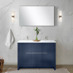 Navy Blue Double Bath Vanity 48 in. W x 20 in. D, White Quartz Top, Brushed Nickel Faucet Set and 43 in. Mirror