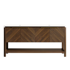 INDIGO 60'' Freestanding Cabinet with 4 Doors&Open Shelf, Carrara White Sintered Stone Top, NO Basin, NO Faucet and Drain, Dark Walnut Woodgrain