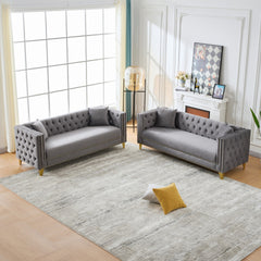 Chesterfield Velvet Sofa,3+3 Seater Deep Seat Sofa,Modern Sofa with Button Nailhead,Square Arm Couches,Furniture for Living Room,Bedroom,Office(Grey)