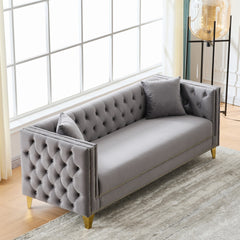 Chesterfield Velvet Sofa,3+3 Seater Deep Seat Sofa,Modern Sofa with Button Nailhead,Square Arm Couches,Furniture for Living Room,Bedroom,Office(Grey)