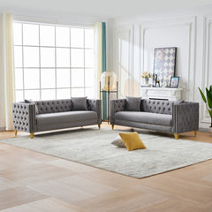 Chesterfield Velvet Sofa,3+3 Seater Deep Seat Sofa,Modern Sofa with Button Nailhead,Square Arm Couches,Furniture for Living Room,Bedroom,Office(Grey)