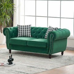 67"Chesterfield velvet upholstery fabric Sofa with Roll Armrest & Nailhead,Upholstered Mid Century Modern Couch,2 Seater Couch for Living Room, Office, Apartment, Green
