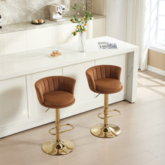 Set of 2 Bar Stools,with Chrome Footrest and Base Swivel Height Adjustable Mechanical Lifting Velvet + Golden Leg Simple Bar Stool-Orange