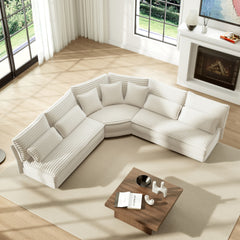 5-Seater L-Shaped Sectional Sofa with Curved Corner – Plush Corduroy Fabric, 7 Pillows (3 Throw + 4 Lumbar), Modern Living Room Furniture