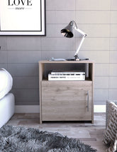 Nordico Nightstand , End Table, Side Table One Shelf, Single Door Cabinet, Metal Handle -Light Gray