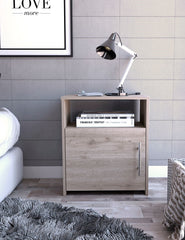 Nordico Nightstand , End Table, Side Table One Shelf, Single Door Cabinet, Metal Handle -Light Gray