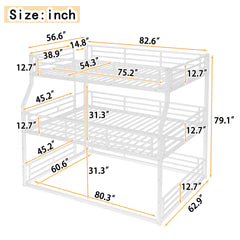 Full XL over Queen over Queen Bunk Bed, Metal Triple Bunk Bed with Safety Guardrails, Heavy-duty Bunk Bed with Noise-reduced Design, White