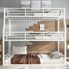 Full XL over Queen over Queen Bunk Bed, Metal Triple Bunk Bed with Safety Guardrails, Heavy-duty Bunk Bed with Noise-reduced Design, White