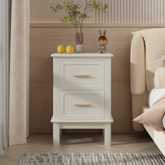 Modern Nightstand with 2 Drawers, Bedroom Bedside Table with Gold Handles, Sturdy Wood Accent Table for Small Spaces, Living Room, Kids Room & Guest Room-Off White