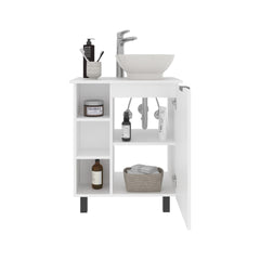Allegra Vessel Sink Vanity With One Door Storage And Open Shelves, Freestanding Bathroom Cabinet, White