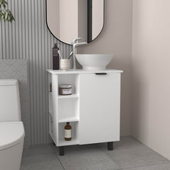 Allegra Vessel Sink Vanity With One Door Storage And Open Shelves, Freestanding Bathroom Cabinet, White