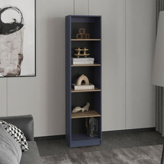 Home Xs Bookcase With 5-Tier Shelves And Slim Design, For Compact Style Living Room, Bedroom or Office Decor, Natural Oak, Navy Blue