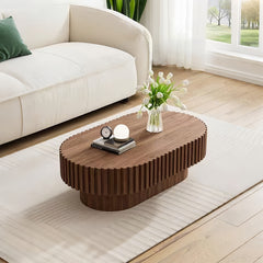 Oval Coffee Table,Mid Century Modern Fluted Coffee Table with Pedestal, Classic Wood Coffee Table for Living Room, Bedroom, Apartment, Office, Small Space, 43.1" Walnut