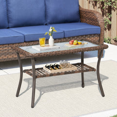 Outdoor Wicker Coffee Table,20x34x20 inch All Weather Rattan Patio Table, Rectangular Coffee Table for Pool Balcony Deck Porch, Brown