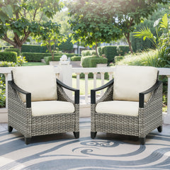 Outdoor Lounge Gray Wicker Chair Set of 2, Patio Lounge Chairs with Beige Cushions for Porch or Deck