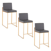 Fuji 26" Contemporary High Back Counter Stool in Gold Steel and Grey Faux Leather by LumiSource - Set of 3