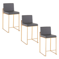 Fuji 26" Contemporary High Back Counter Stool in Gold Steel and Grey Faux Leather by LumiSource - Set of 3