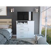 Peru 4 Drawer Dresser, Single Door Cabinet, One Open Shelf, Superior Top -White